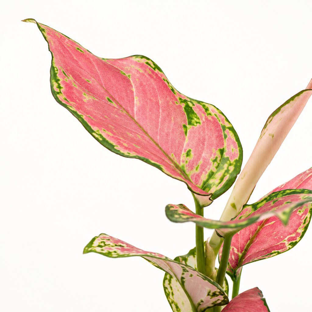 Nærbillede af Aglaonema Pinky Promise med rosa blade og grønne kanter.