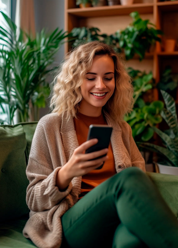 Kvinde bestiller planter online fra sofaen