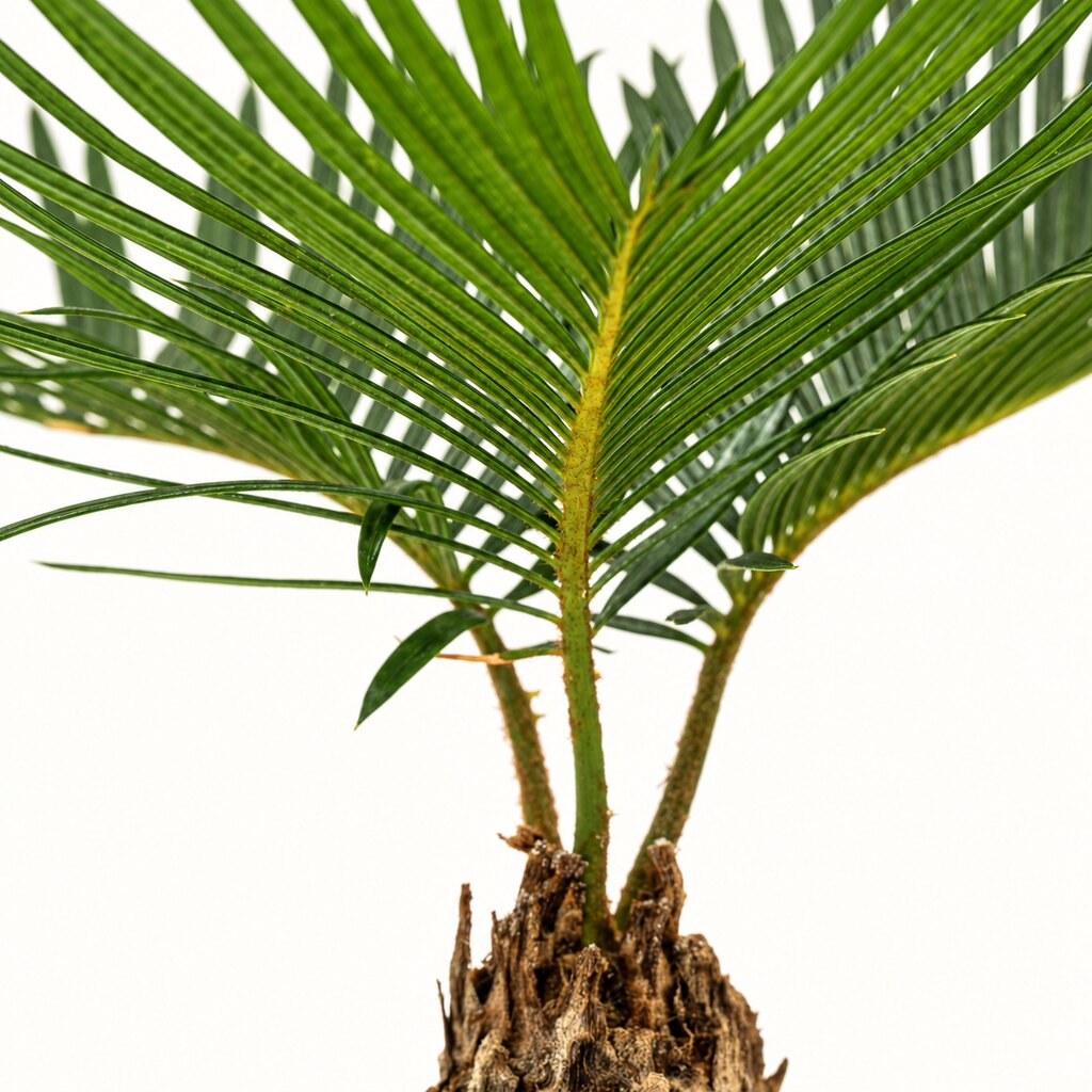 Nærbillede af Cycas med fine grønne småblade og en kraftig stamme.