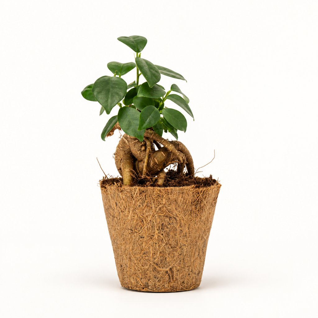 Ginseng Ficus Microcarpa med synlige rødder og grønne blade i kokospotte Ø6 cm.