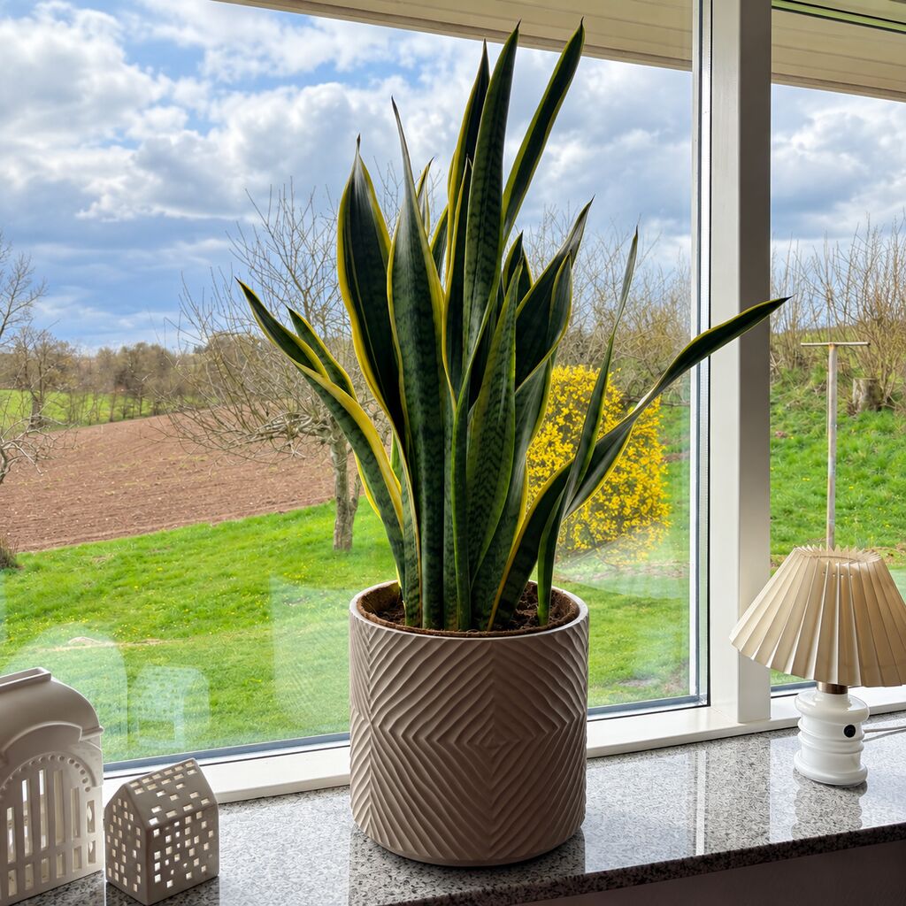 Sansevieria laurentii med høje, gulkantede blade i en brun mønstret potte i vindueskarmen ved en lille lampe.