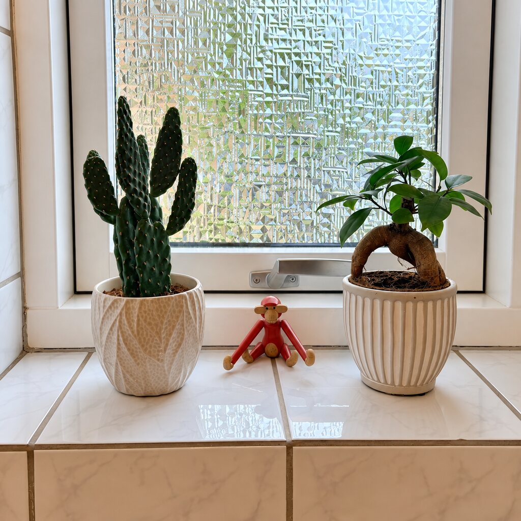 Kaktus Opuntia Rubescens til venstre i en lys potte ved en rød træabe og Ginseng Ficus i vindueskarmen.