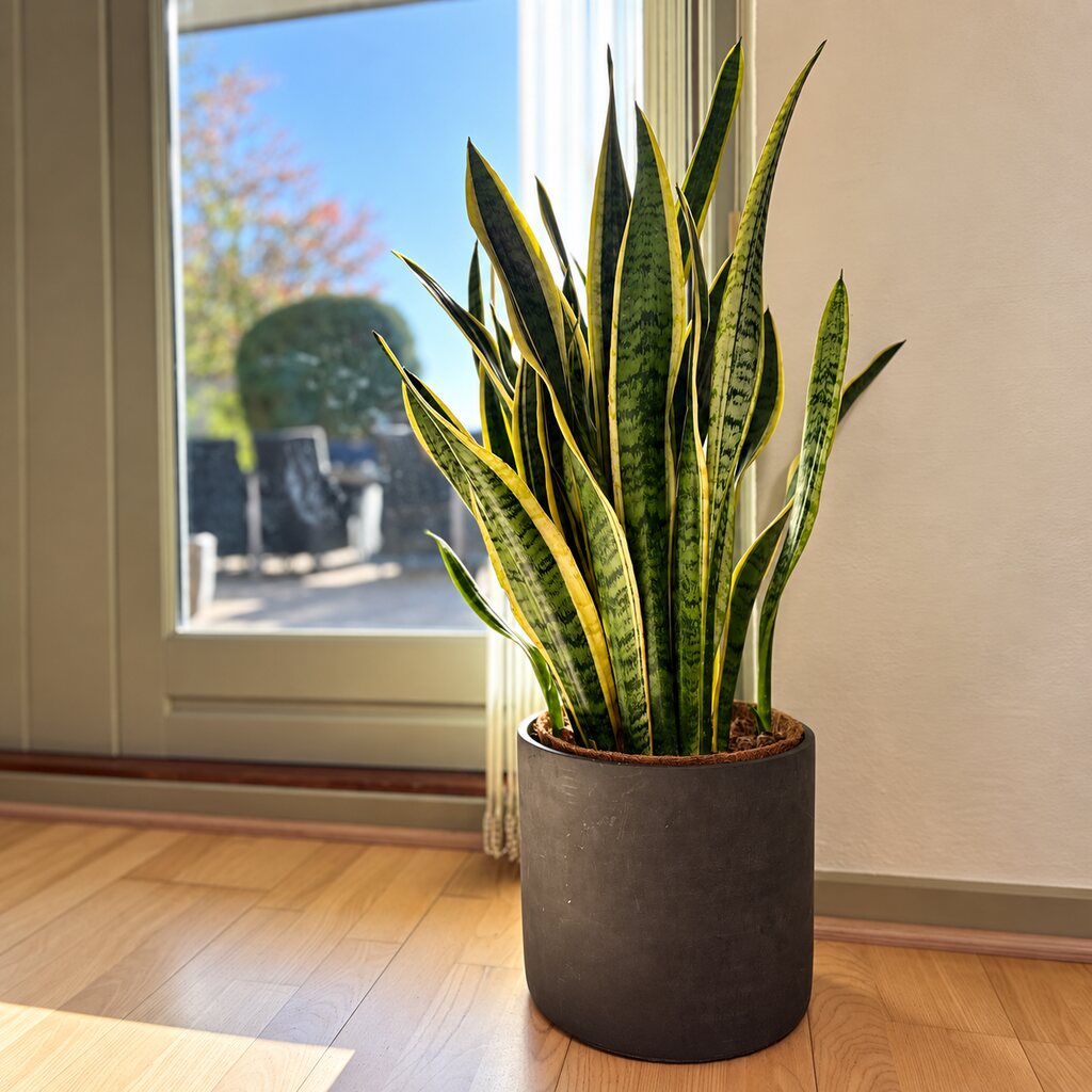 Sansevieria Laurentii med lange gulkantede blade i grå gulvkrukke ved en solbeskinnet terrassedør.