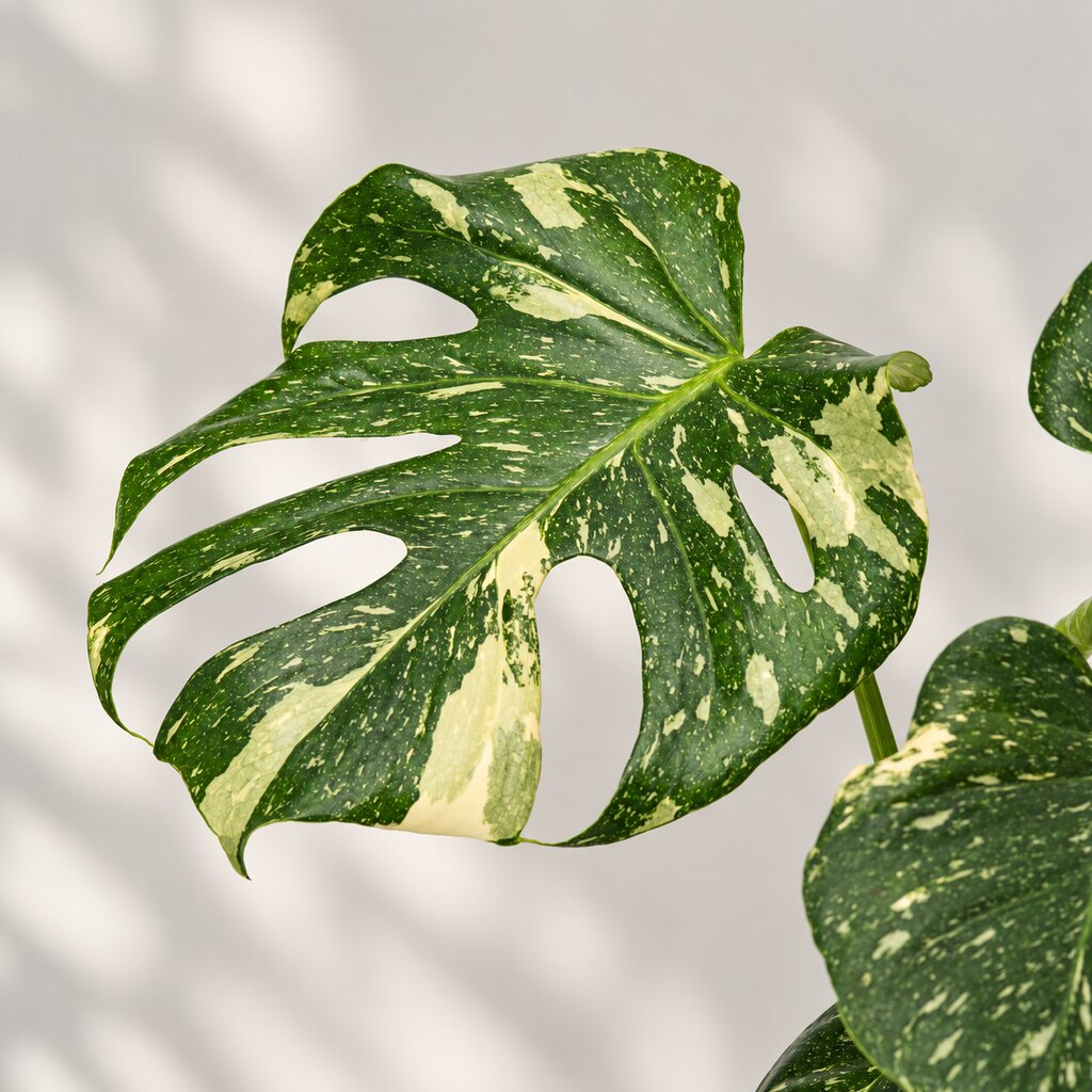 Nærbillede af Monstera Thai Constellation med grønne og cremefarvede blade med naturlige huller
